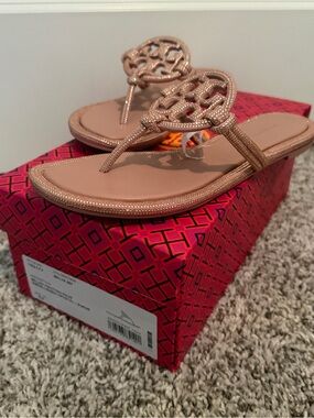 Tory Burch Metallic Rose Gold Logo Thong Sandals